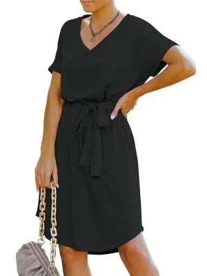 Anna-Kaci Women's Summer V-Neck Solid Short Sleeve T Shirt Dress Casual Tie Waist Skirt