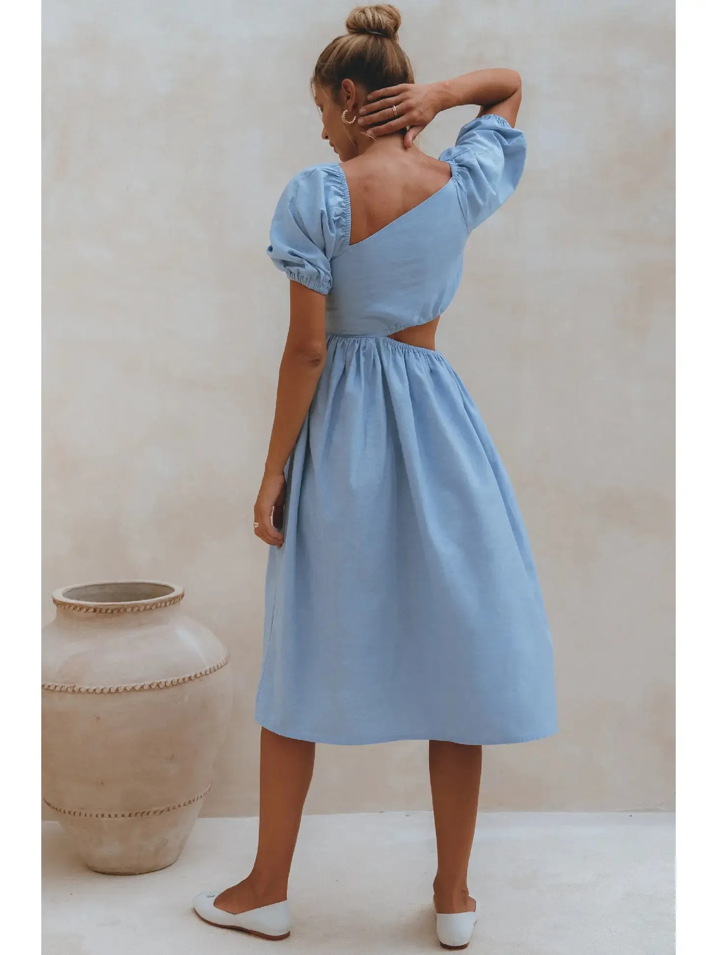 Blue Asymetrical Cutout Linen Midi Dress
