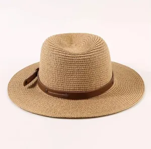 Chic Breathable Khaki Summer Straw Sun Hat With Pu Leather Belt, Perfect For Beach & Casual Wear