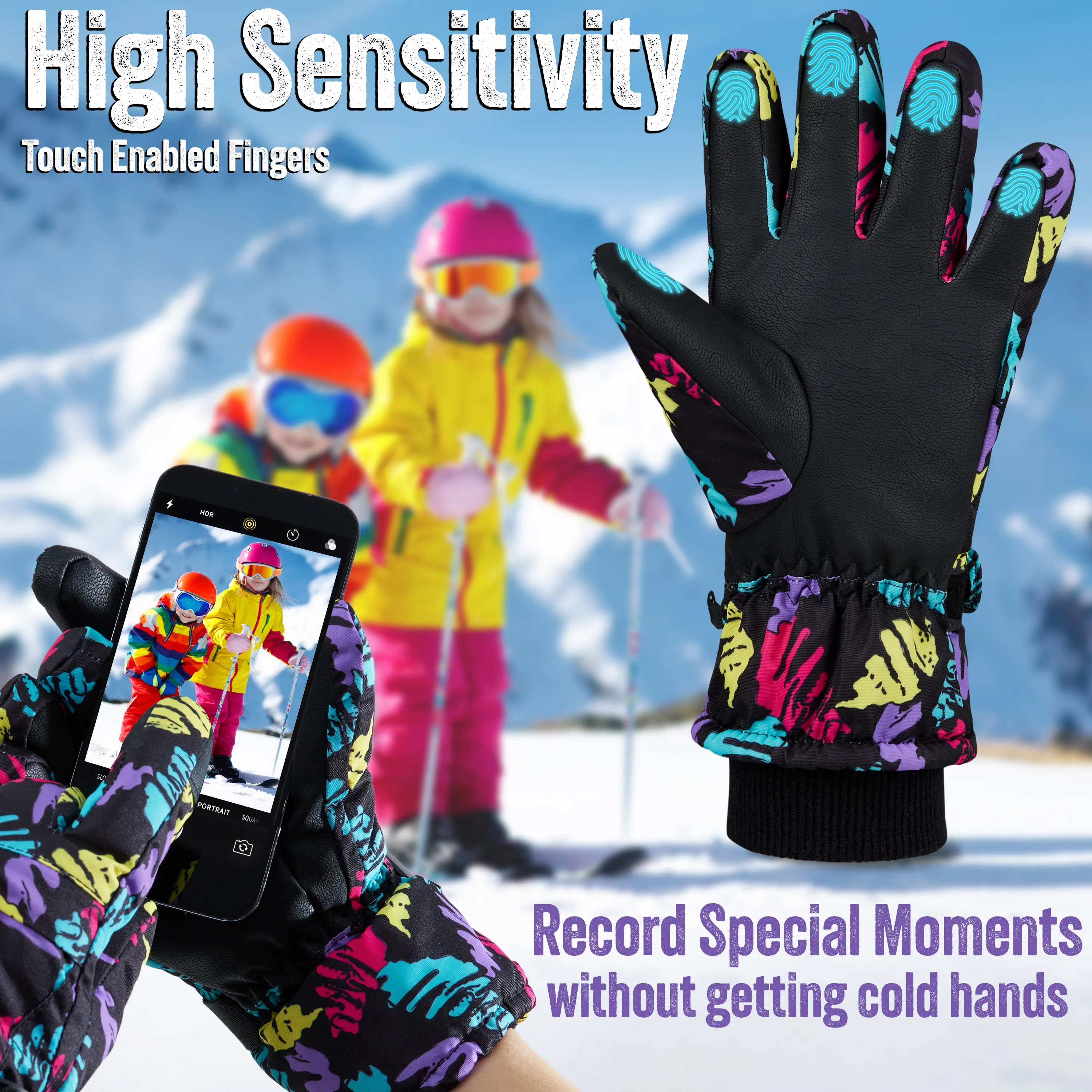 CityComfort Kids Skiing Gloves - Fleece Lined Touch Screen Gloves
