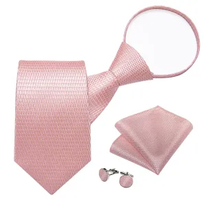 DiBanGu Silk Tie Lemonade Pink Solid Lazy Easy-pull Mens Dress Tie Hanky Cufflinks Set