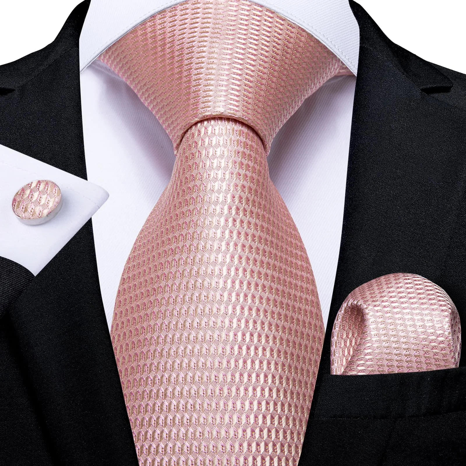 DiBanGu Silk Tie Lemonade Pink Solid Lazy Easy-pull Mens Dress Tie Hanky Cufflinks Set