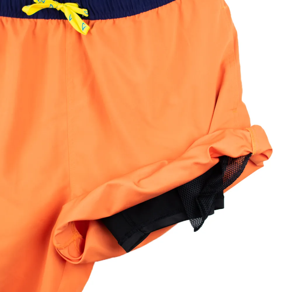 DryFins Men's Swim Trunks with Compression Liner in Sunset Orange and Navy