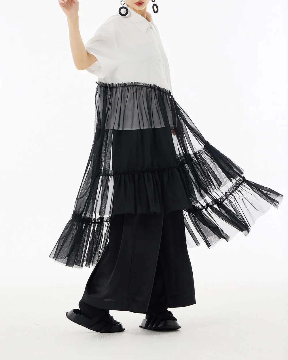 ellazhu Women's Shirt Dress Button Down Short Sleeve Lapel Loose Oversize Patchwork Sheer Tulle Flowy Hem GE10 Black
