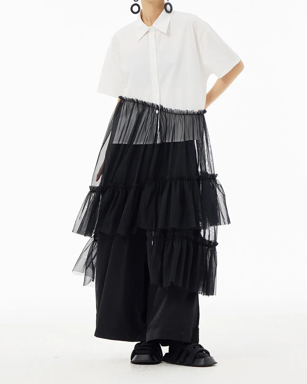 ellazhu Women's Shirt Dress Button Down Short Sleeve Lapel Loose Oversize Patchwork Sheer Tulle Flowy Hem GE10 Black