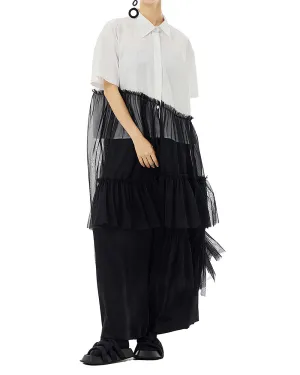 ellazhu Women's Shirt Dress Button Down Short Sleeve Lapel Loose Oversize Patchwork Sheer Tulle Flowy Hem GE10 Black