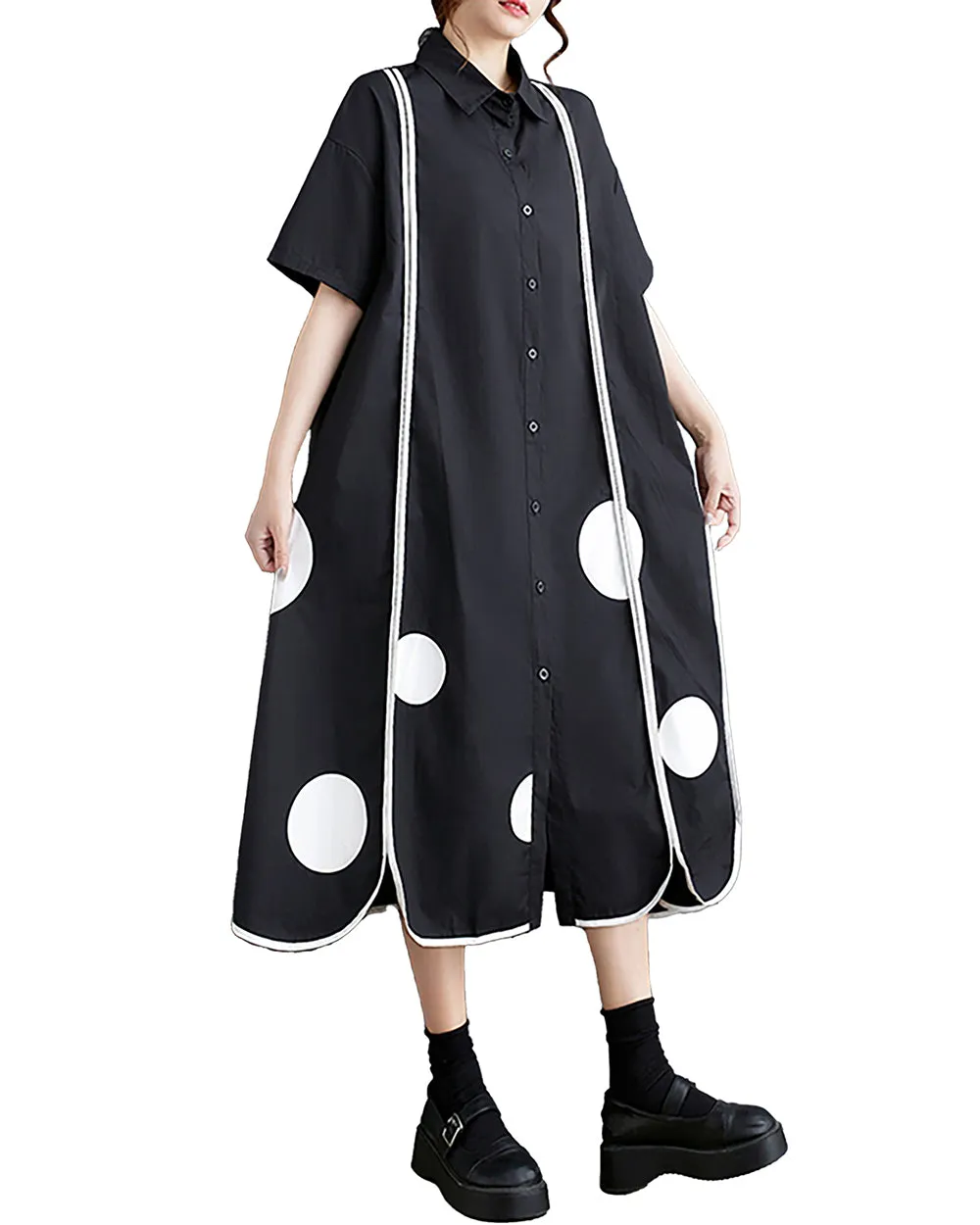 ellazhu Women's Shirt Dress Short Sleeve Lapel Button Down Split Hem Dots Stripes Oversize Summer GZ221