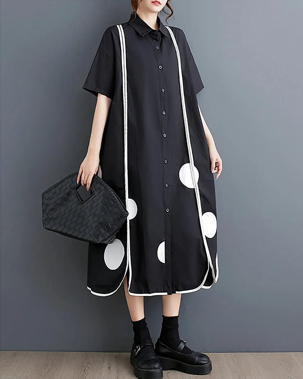 ellazhu Women's Shirt Dress Short Sleeve Lapel Button Down Split Hem Dots Stripes Oversize Summer GZ221