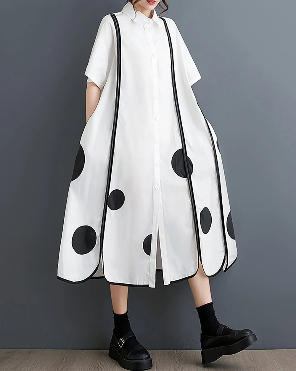 ellazhu Women's Shirt Dress Short Sleeve Lapel Button Down Split Hem Dots Stripes Oversize Summer GZ221