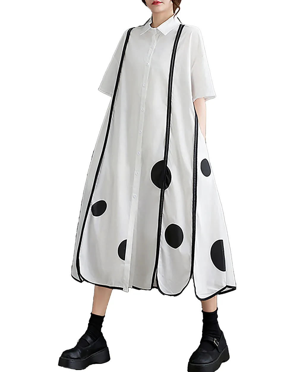 ellazhu Women's Shirt Dress Short Sleeve Lapel Button Down Split Hem Dots Stripes Oversize Summer GZ221