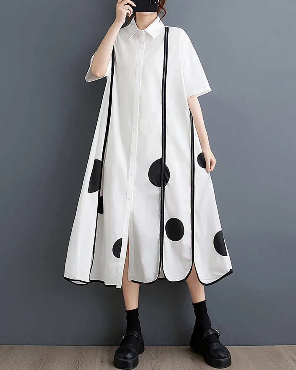 ellazhu Women's Shirt Dress Short Sleeve Lapel Button Down Split Hem Dots Stripes Oversize Summer GZ221