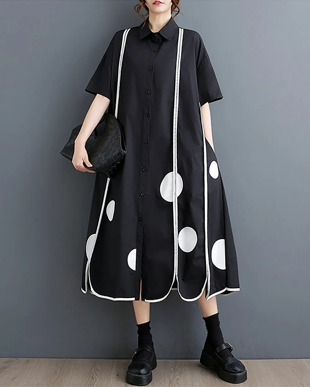 ellazhu Women's Shirt Dress Short Sleeve Lapel Button Down Split Hem Dots Stripes Oversize Summer GZ221
