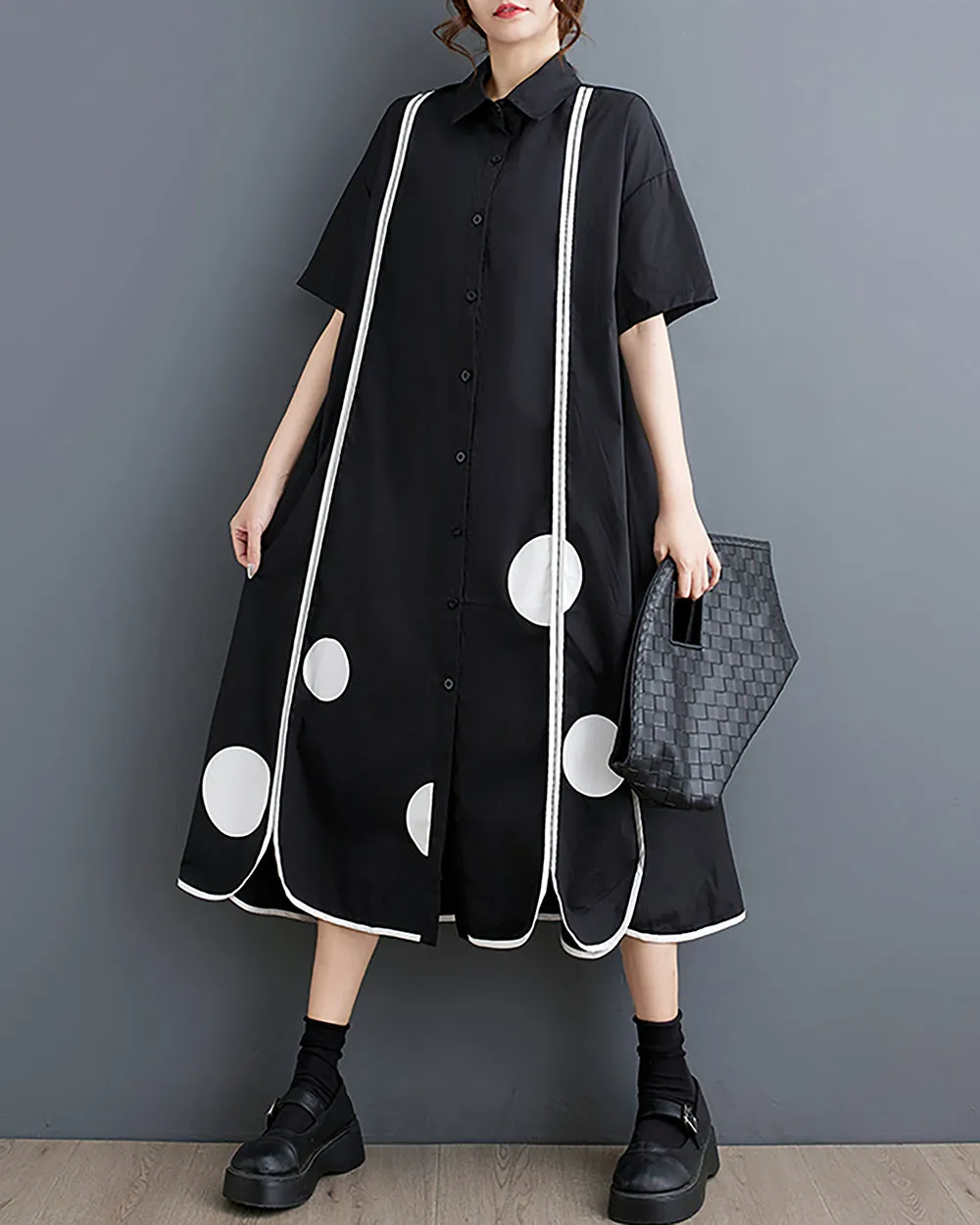 ellazhu Women's Shirt Dress Short Sleeve Lapel Button Down Split Hem Dots Stripes Oversize Summer GZ221