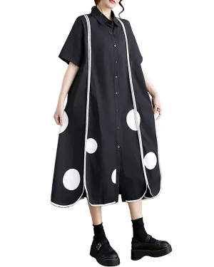 ellazhu Women's Shirt Dress Short Sleeve Lapel Button Down Split Hem Dots Stripes Oversize Summer GZ221