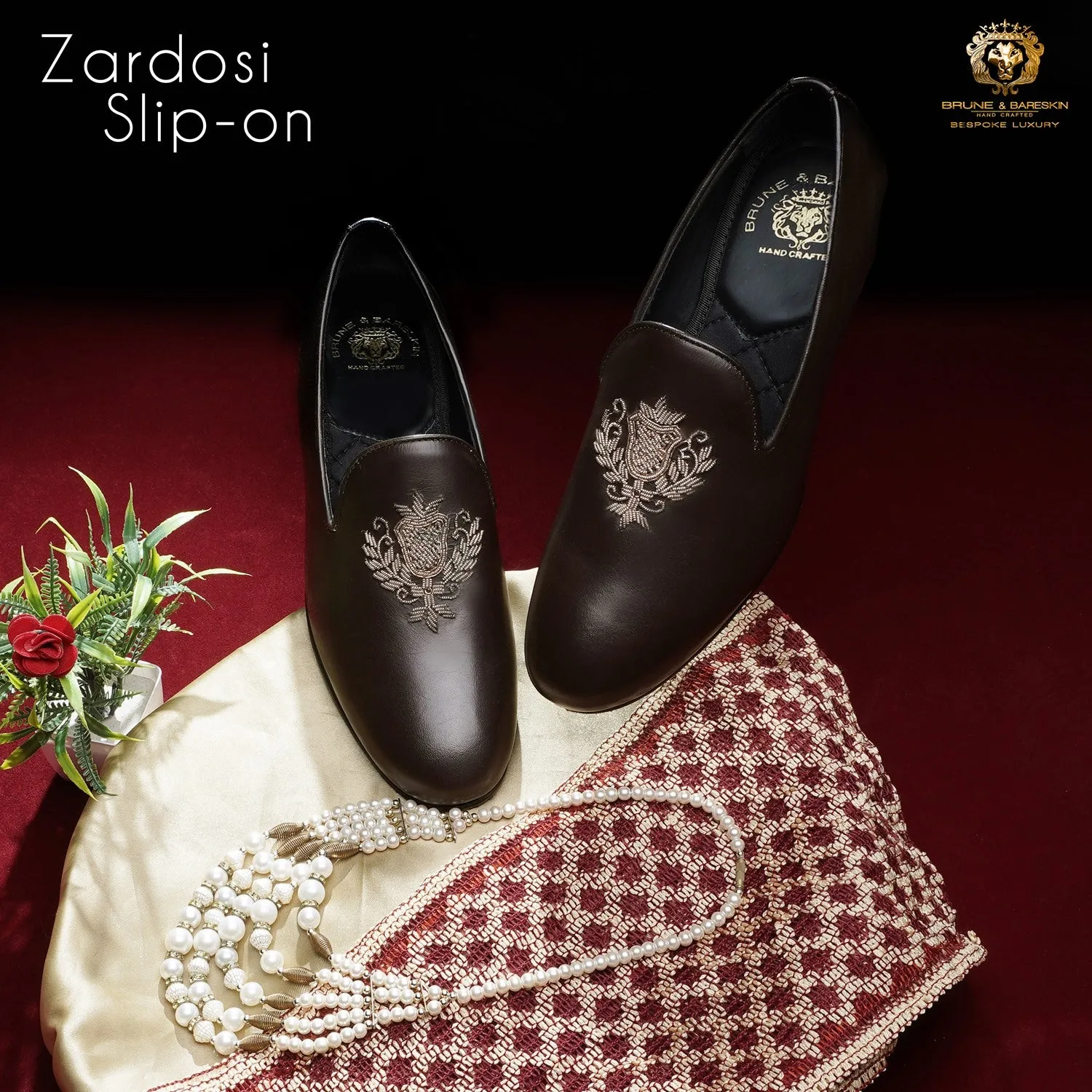 Ethnic Crest Zardosi Slip-On Shoes in Dark Brown Leather By Brune & Bareskin