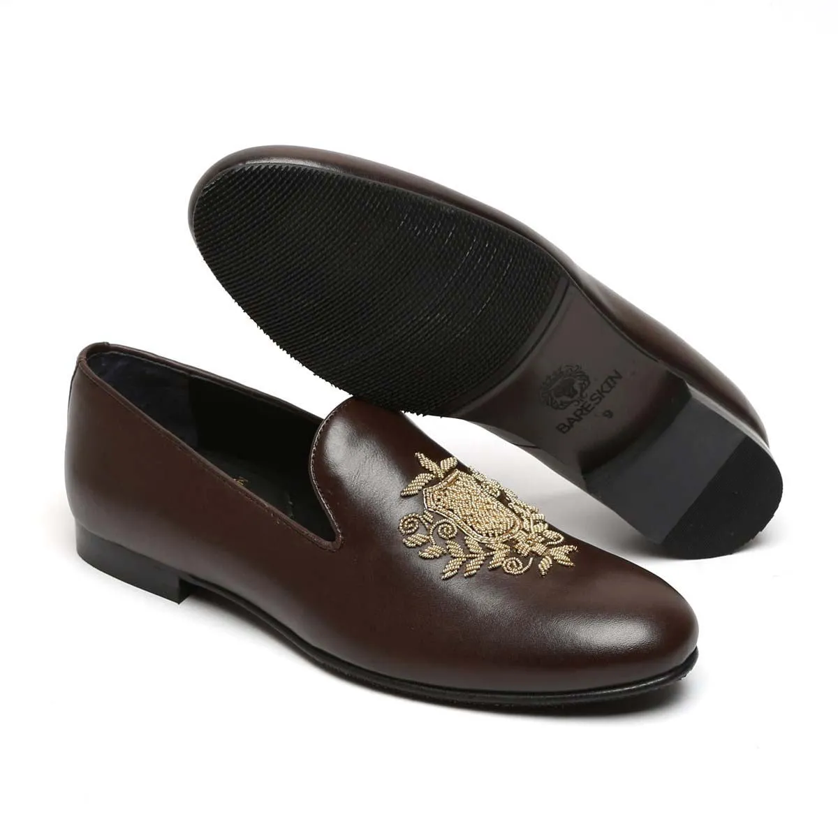 Ethnic Crest Zardosi Slip-On Shoes in Dark Brown Leather By Brune & Bareskin