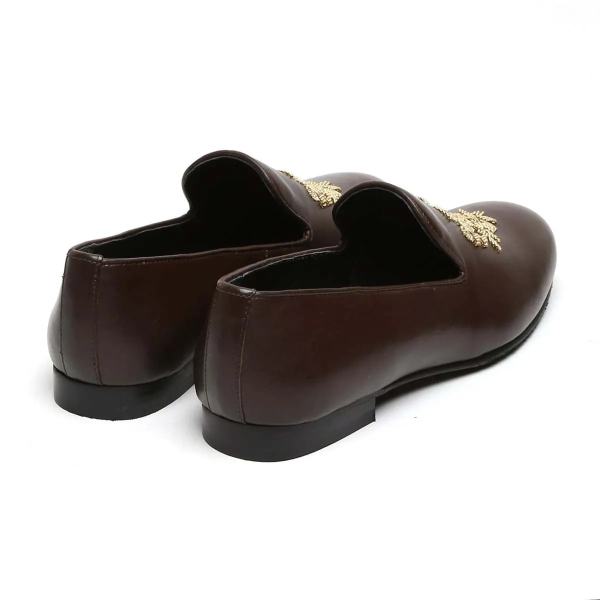 Ethnic Crest Zardosi Slip-On Shoes in Dark Brown Leather By Brune & Bareskin