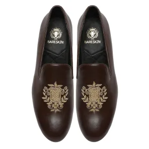 Ethnic Crest Zardosi Slip-On Shoes in Dark Brown Leather By Brune & Bareskin
