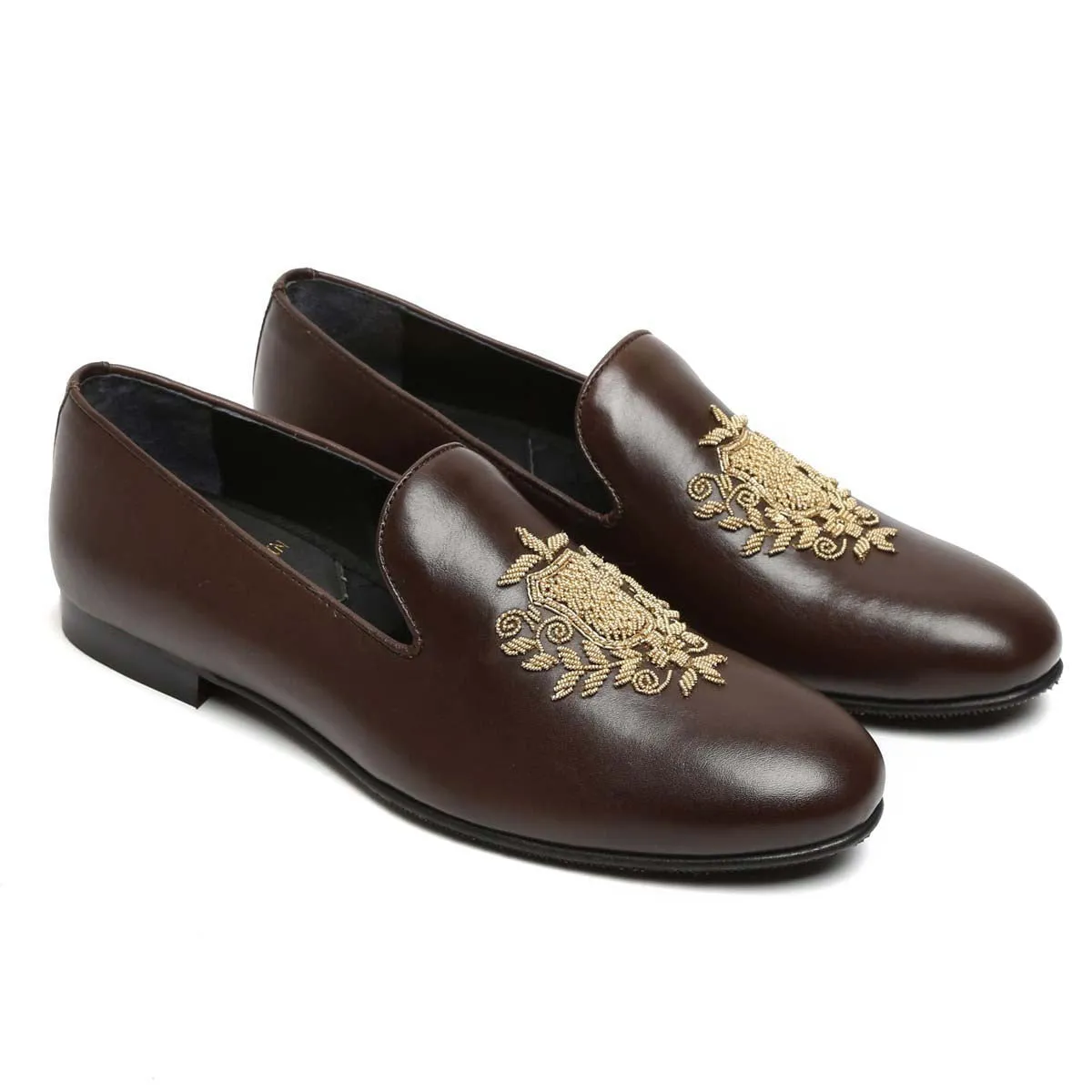 Ethnic Crest Zardosi Slip-On Shoes in Dark Brown Leather By Brune & Bareskin