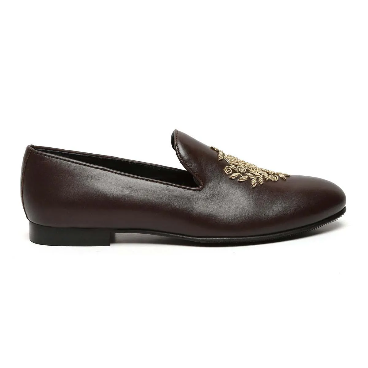 Ethnic Crest Zardosi Slip-On Shoes in Dark Brown Leather By Brune & Bareskin