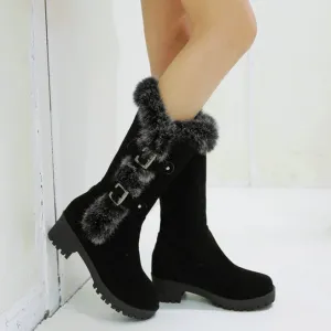 Furry mid calf snow boots faux suede boots with fuzzy trim