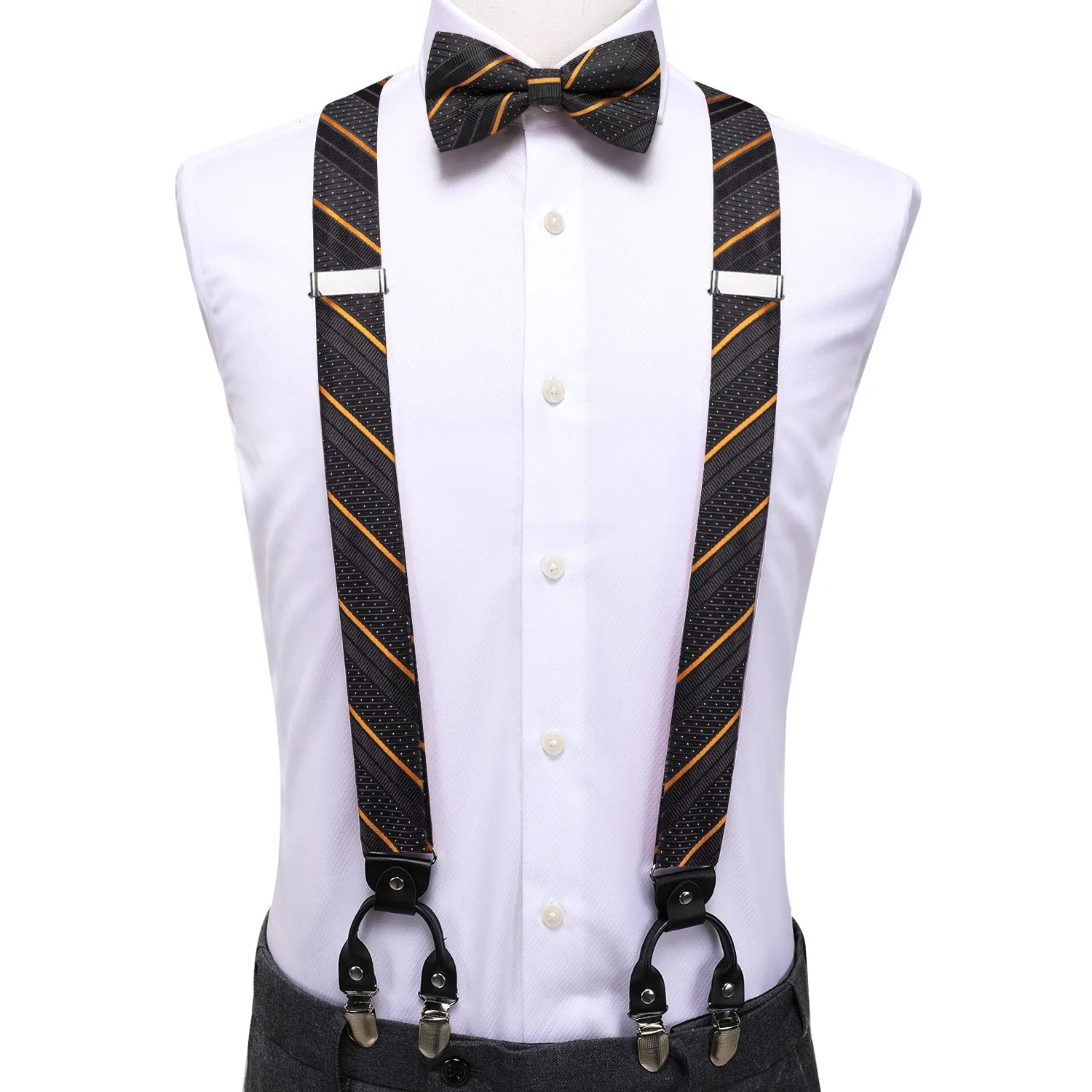 Hi-Tie Black Yellow Striped Mens Suspender Bowtie Hanky Cufflinks Set