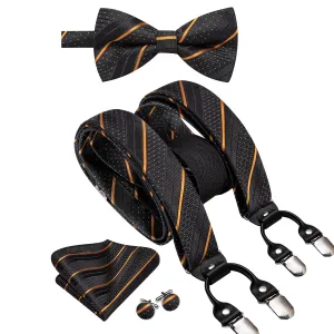 Hi-Tie Black Yellow Striped Mens Suspender Bowtie Hanky Cufflinks Set