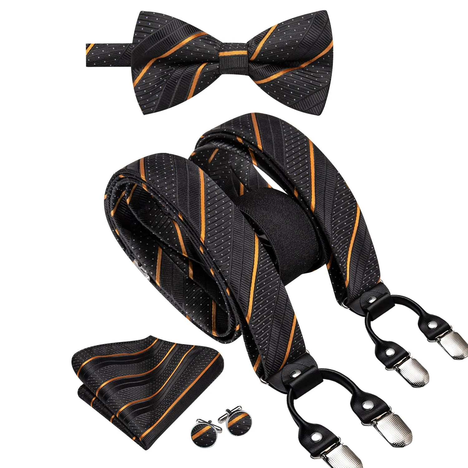 Hi-Tie Black Yellow Striped Mens Suspender Bowtie Hanky Cufflinks Set