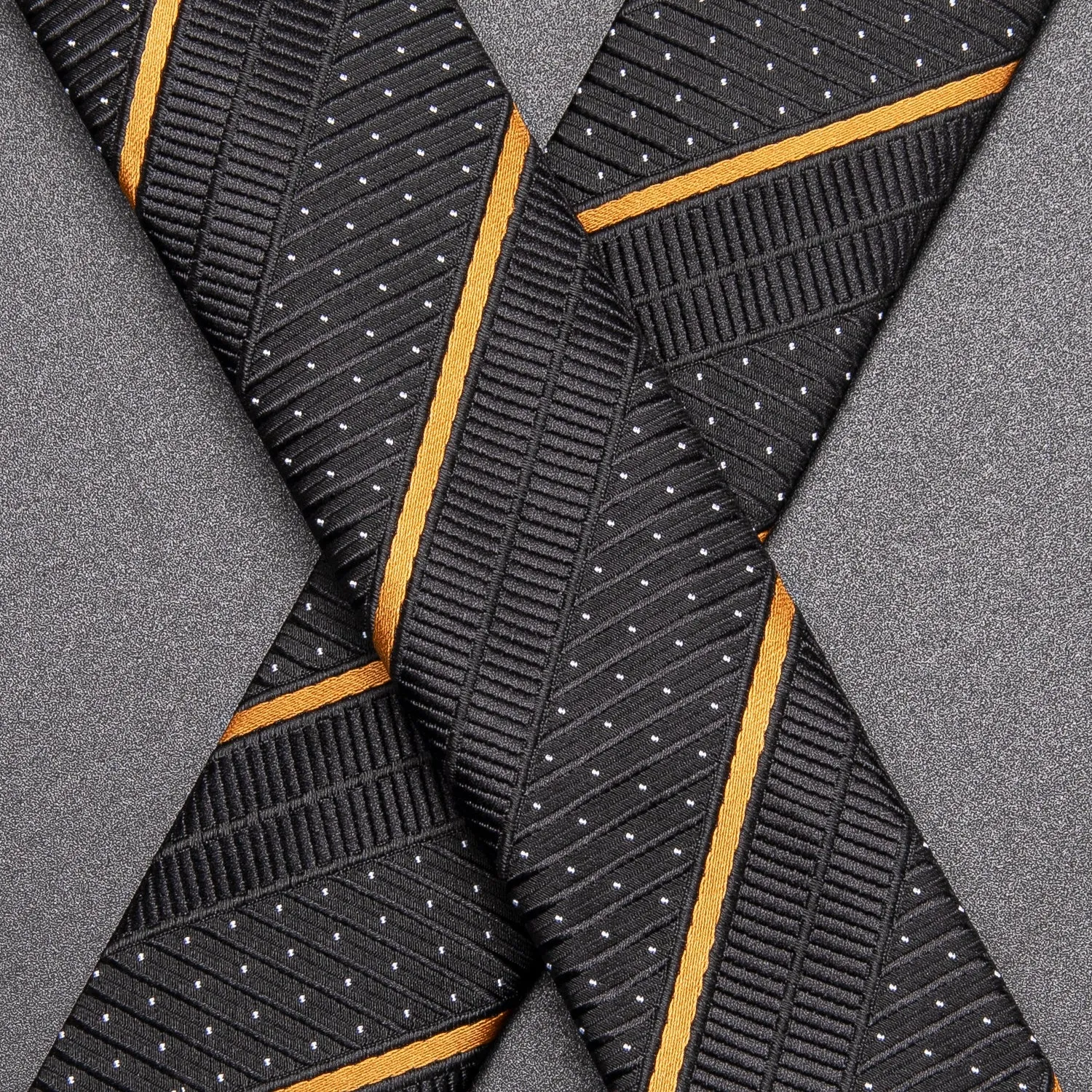 Hi-Tie Black Yellow Striped Mens Suspender Bowtie Hanky Cufflinks Set