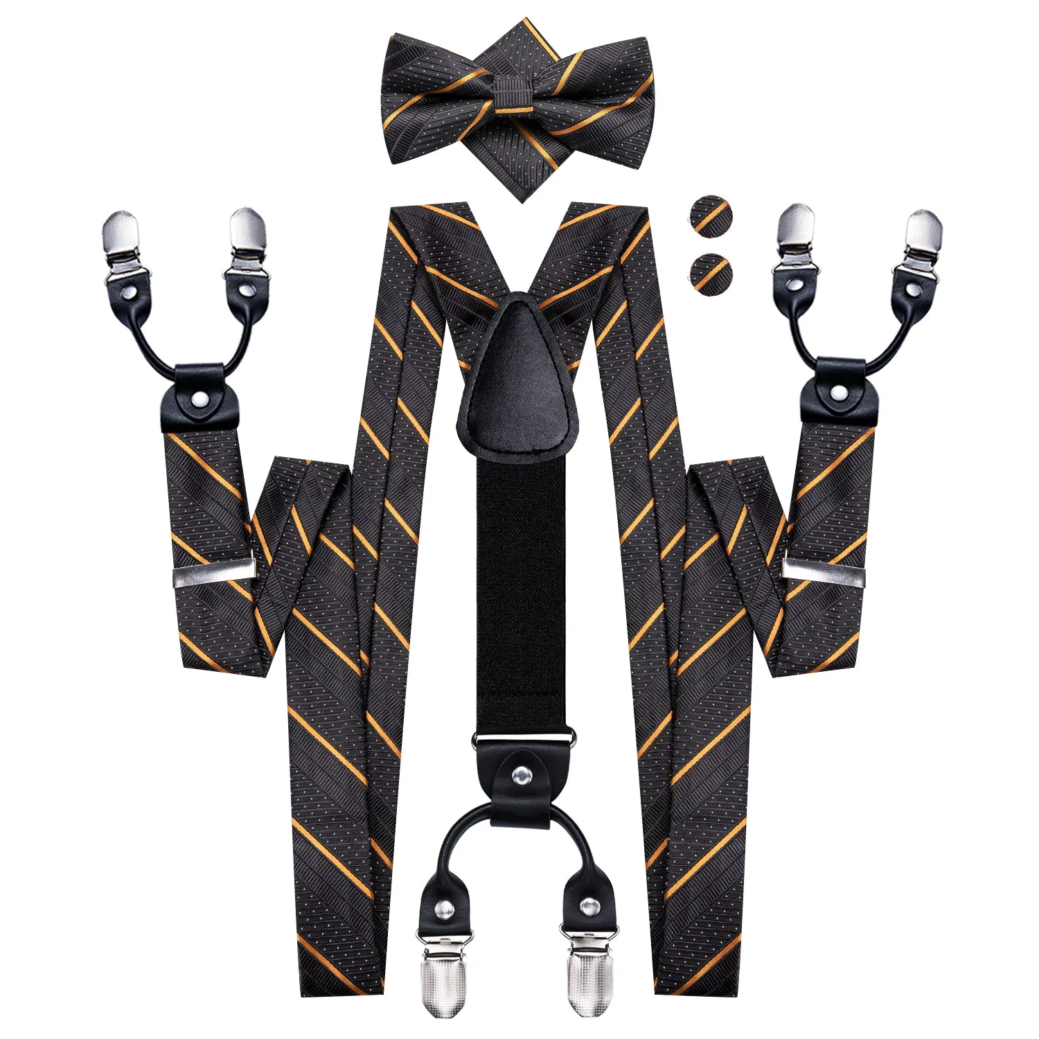 Hi-Tie Black Yellow Striped Mens Suspender Bowtie Hanky Cufflinks Set