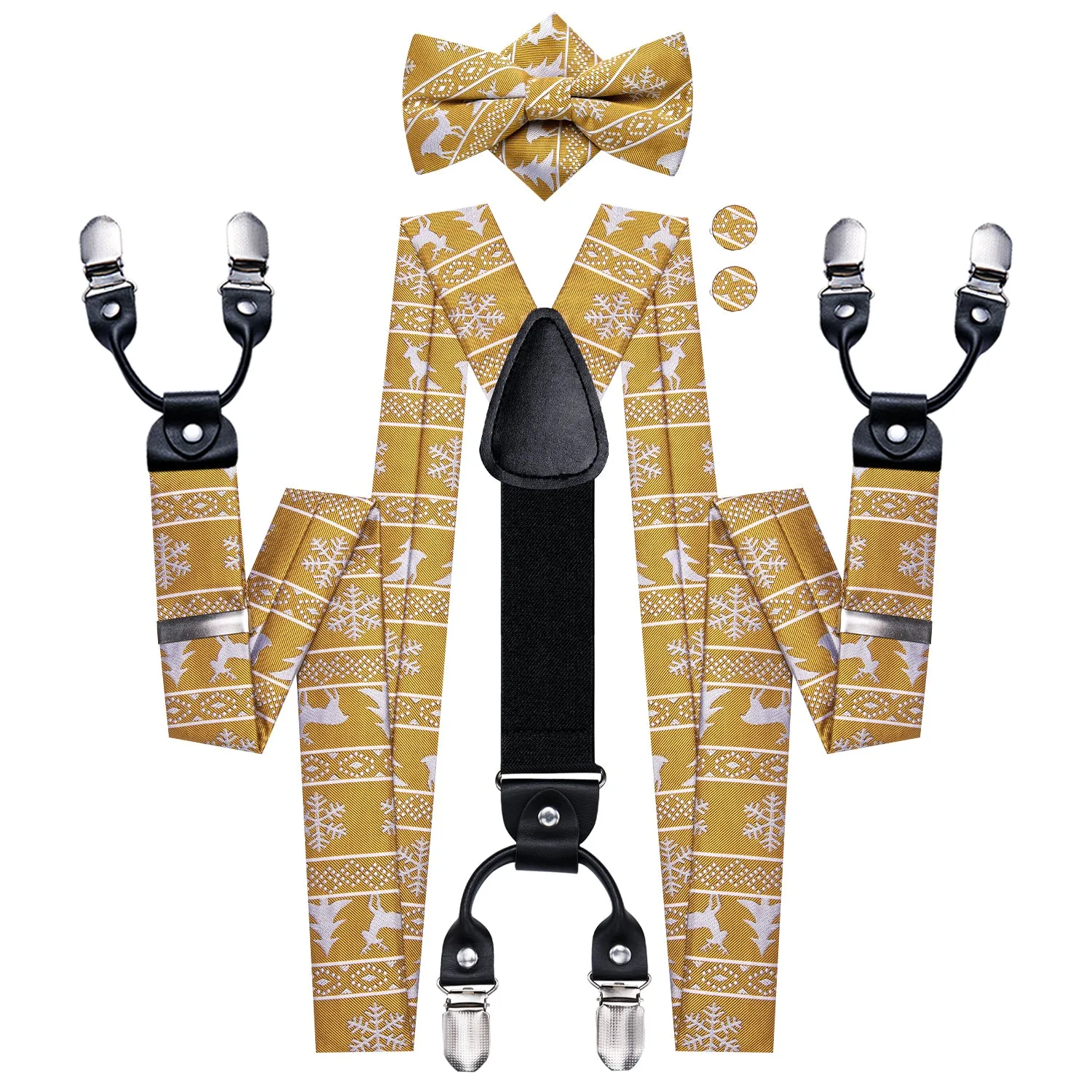 Hi-Tie Gold Chritsmas Novelty Suspender Bow Tie Hanky Cufflinks Set