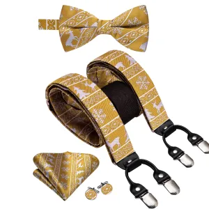 Hi-Tie Gold Chritsmas Novelty Suspender Bow Tie Hanky Cufflinks Set