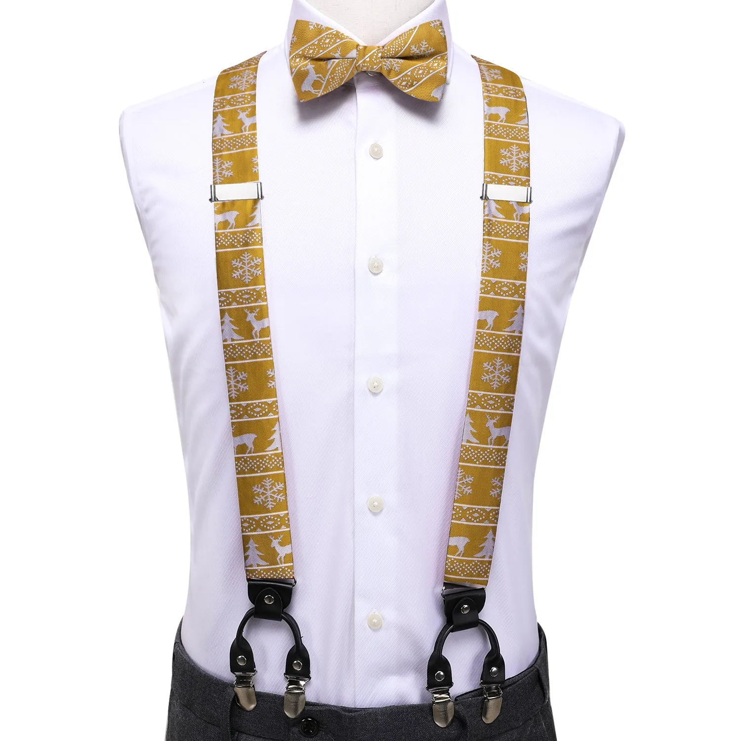 Hi-Tie Gold Chritsmas Novelty Suspender Bow Tie Hanky Cufflinks Set