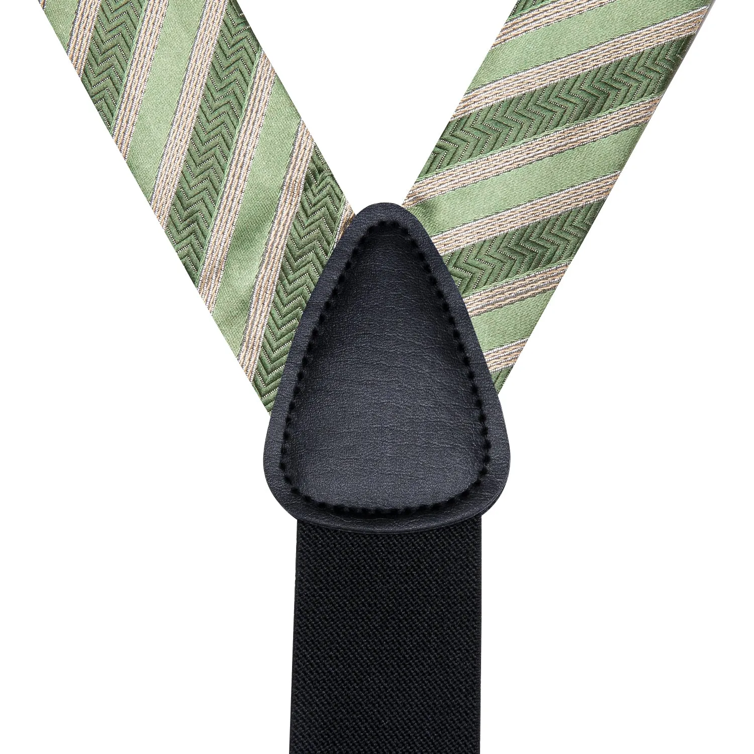 Hi-Tie Green Champagne Striped Suspender Bowtie Hanky Cufflinks Set