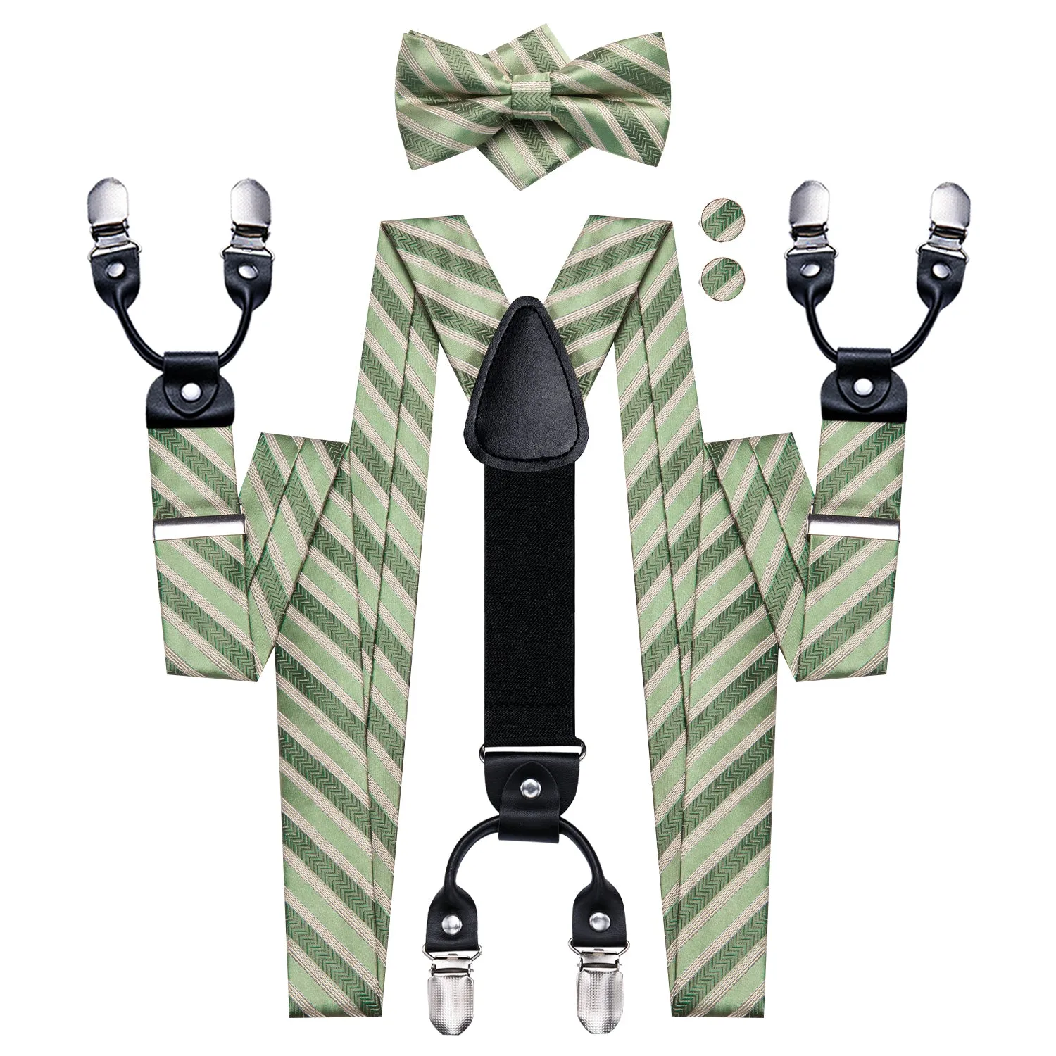 Hi-Tie Green Champagne Striped Suspender Bowtie Hanky Cufflinks Set