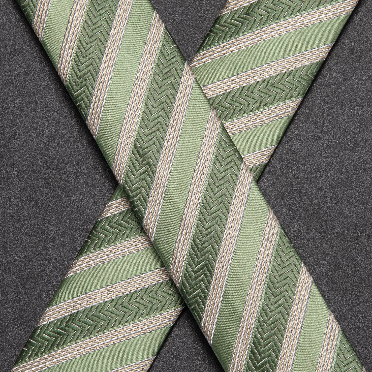 Hi-Tie Green Champagne Striped Suspender Bowtie Hanky Cufflinks Set
