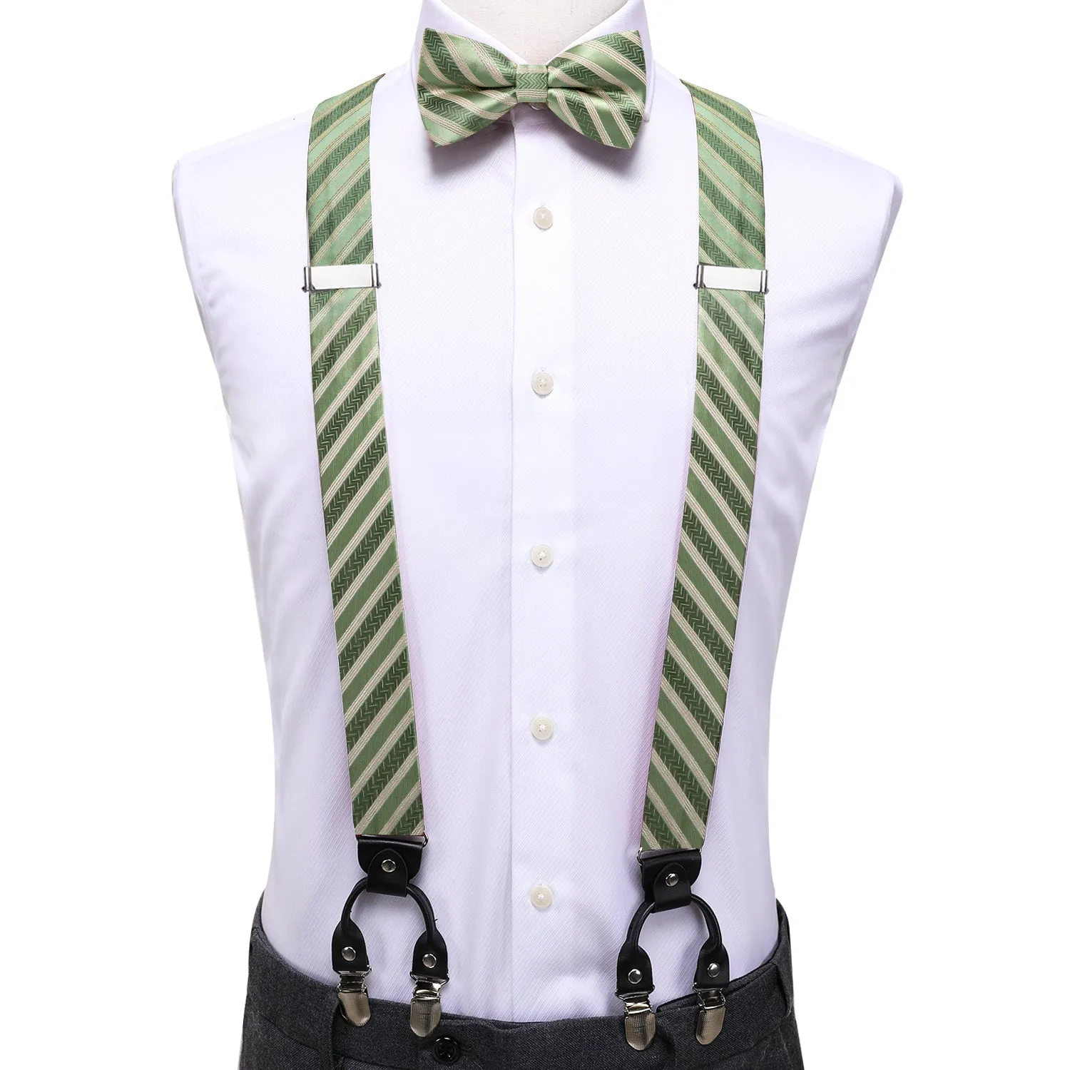 Hi-Tie Green Champagne Striped Suspender Bowtie Hanky Cufflinks Set