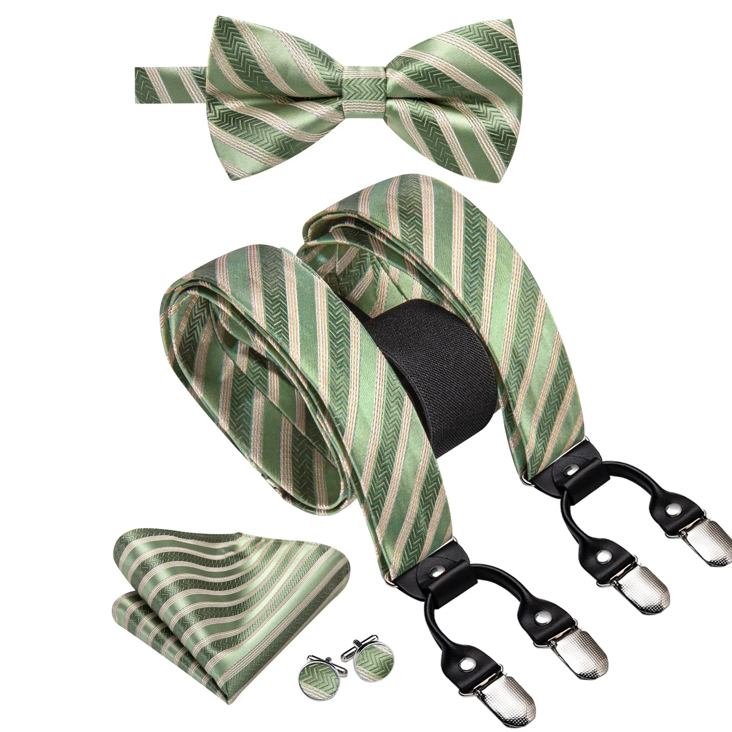 Hi-Tie Green Champagne Striped Suspender Bowtie Hanky Cufflinks Set