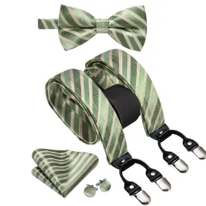 Hi-Tie Green Champagne Striped Suspender Bowtie Hanky Cufflinks Set