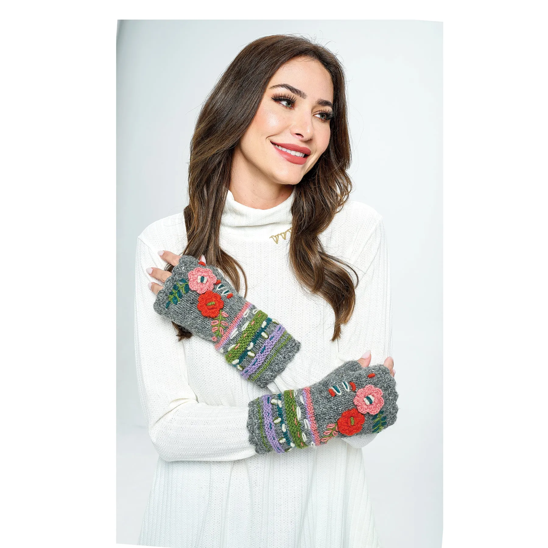 Knit Fingerless Gloves Floral Crochet Details