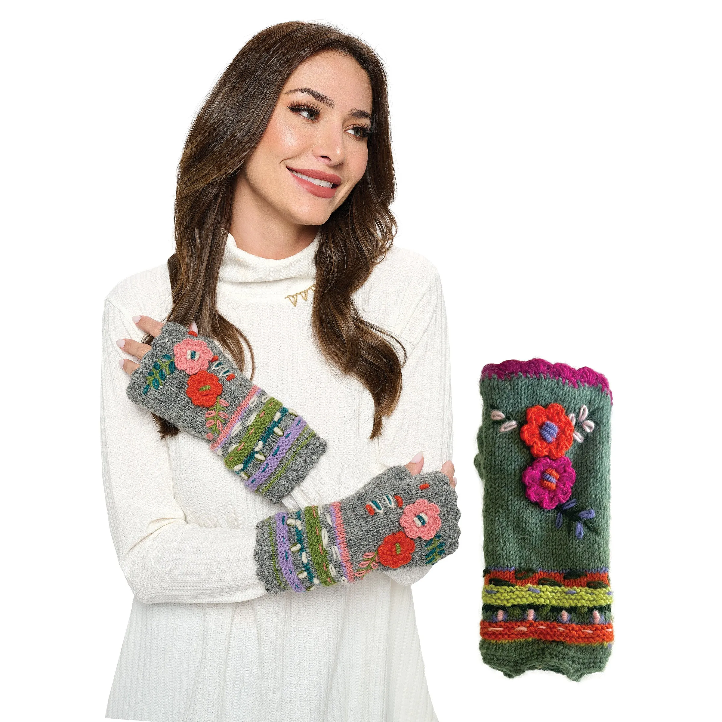 Knit Fingerless Gloves Floral Crochet Details