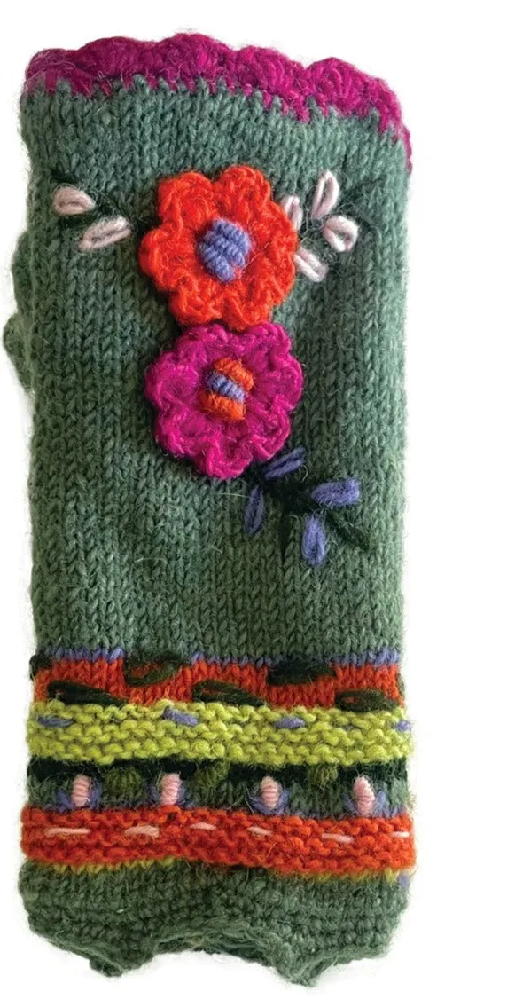 Knit Fingerless Gloves Floral Crochet Details