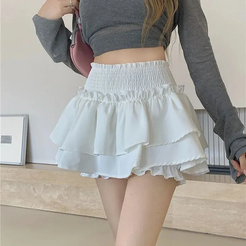 Korean Kawaii Mini Skirts Women Harajuku High Waist Ruffle Skirt