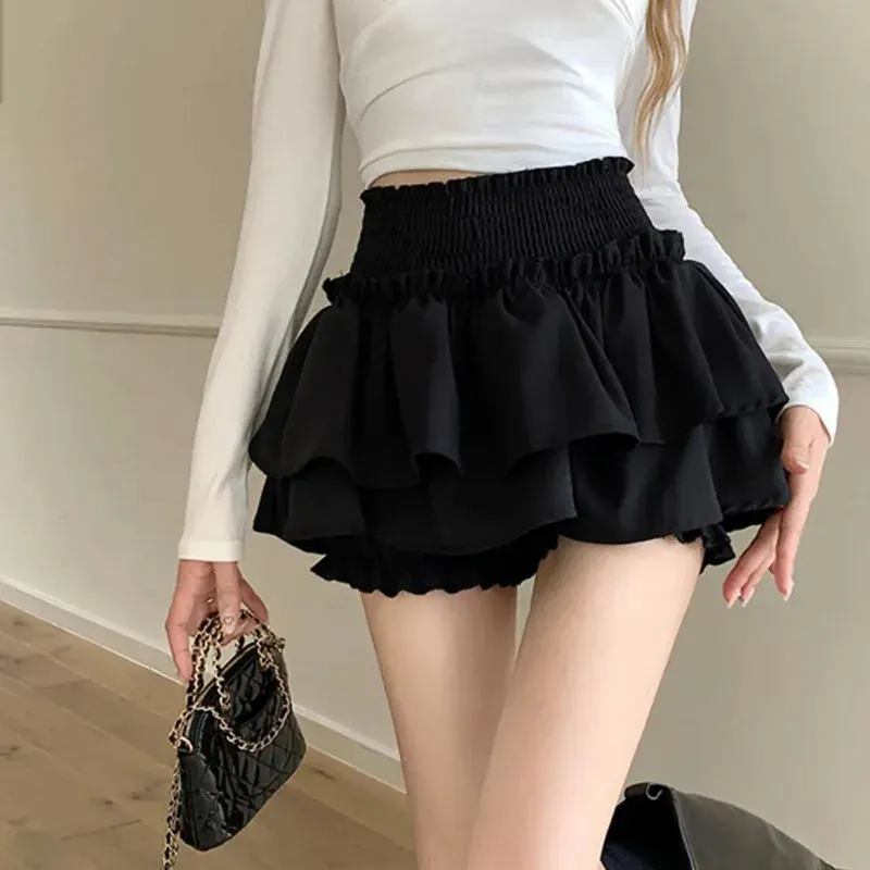 Korean Kawaii Mini Skirts Women Harajuku High Waist Ruffle Skirt