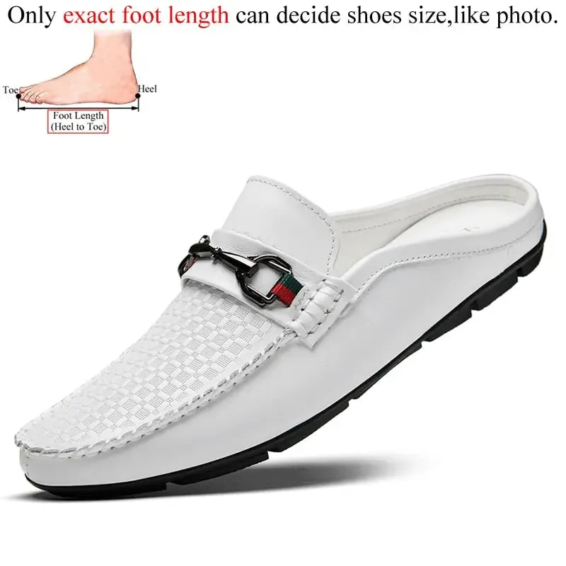 Luxury Shoes Brand Designer Summer Genuine Leather Casual Slip On Half Shoes For Men Loafers Flats Slippers For Narrow Thin Foot