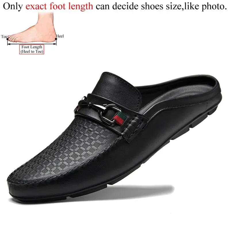 Luxury Shoes Brand Designer Summer Genuine Leather Casual Slip On Half Shoes For Men Loafers Flats Slippers For Narrow Thin Foot