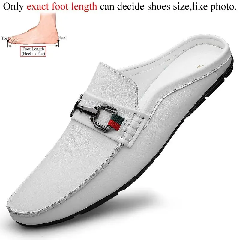 Luxury Shoes Brand Designer Summer Genuine Leather Casual Slip On Half Shoes For Men Loafers Flats Slippers For Narrow Thin Foot