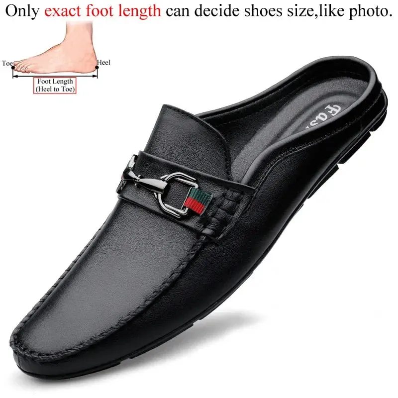 Luxury Shoes Brand Designer Summer Genuine Leather Casual Slip On Half Shoes For Men Loafers Flats Slippers For Narrow Thin Foot