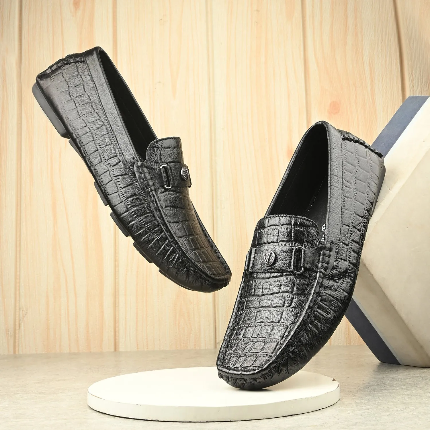 Men Premium Leather Black Casual Slip On Driving Loafers (Romson-28-Black)