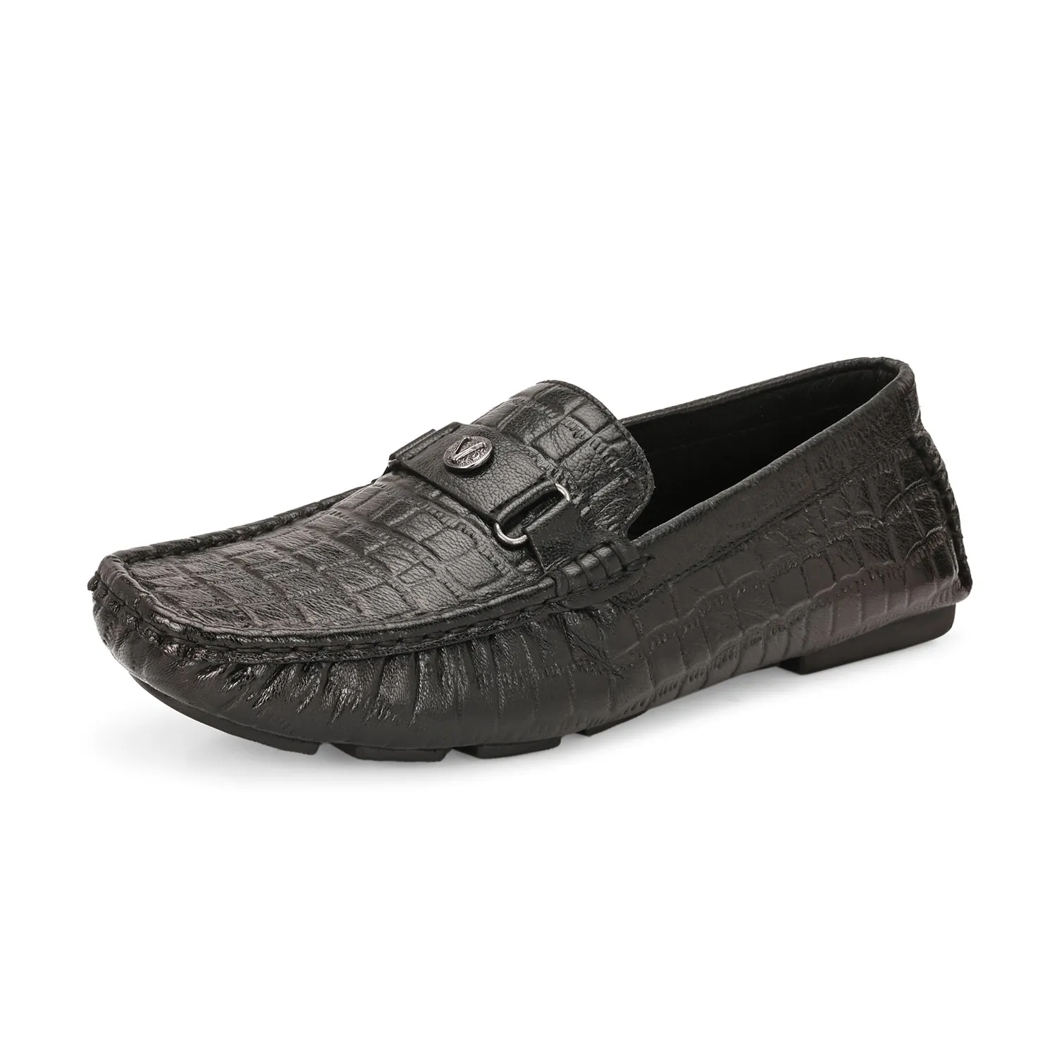 Men Premium Leather Black Casual Slip On Driving Loafers (Romson-28-Black)